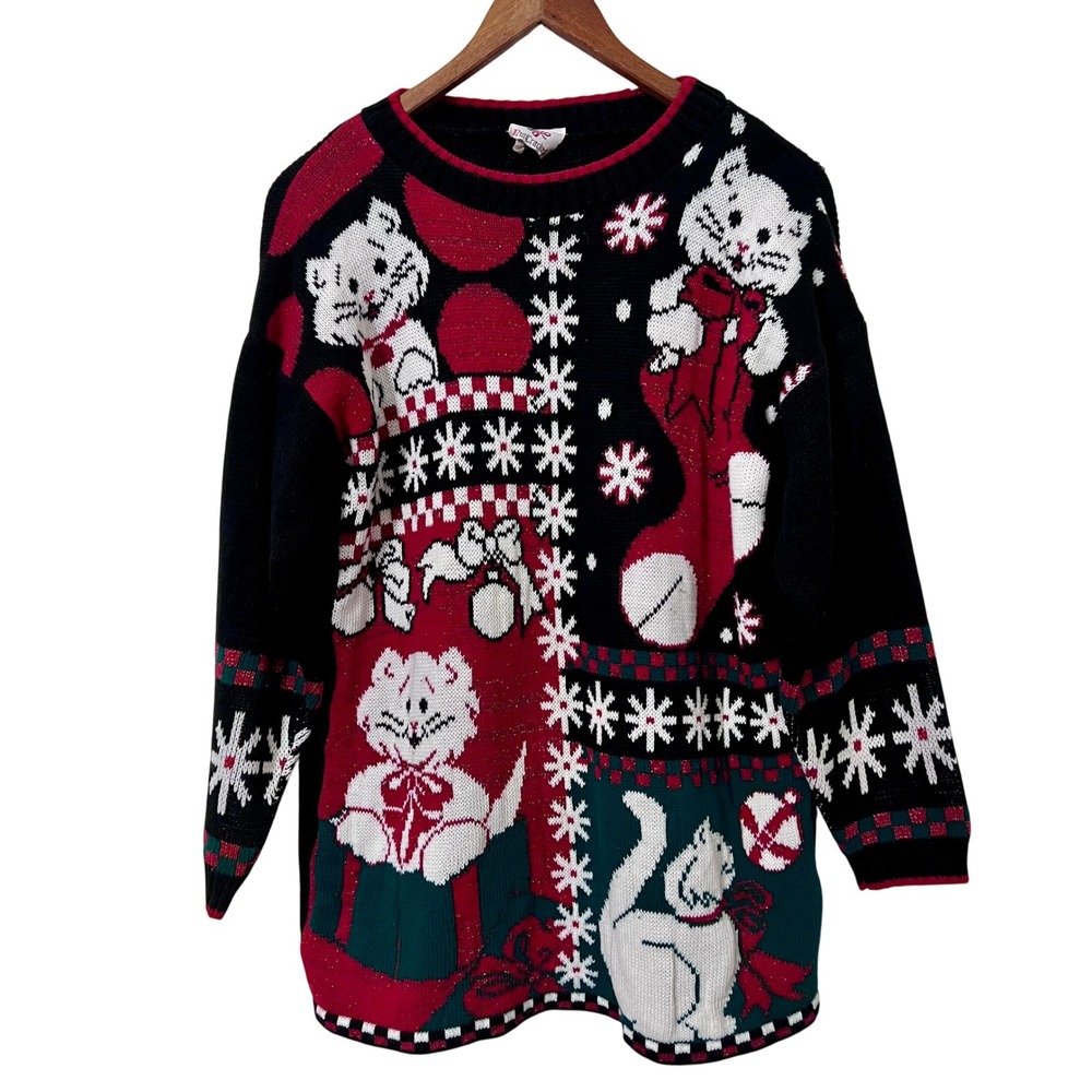 Nutcracker Christmas Cat Sweater Women's Small Acrylic Vintage Made‎ in USA 90s